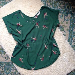 3/$9 Forest Green Bird Print T Shirt V Neck